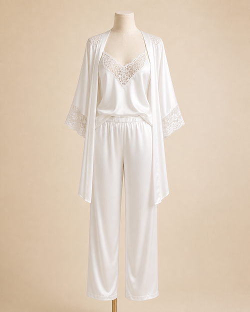 Laris 5036 Beyaz Saten Üçlü Pijama Takımı - Beyaz katalog görseli
